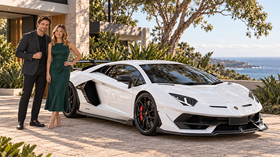 Couple standing beside a white Lamborghini at a coastal residence.